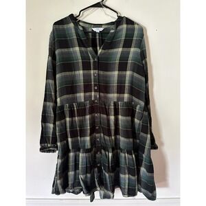 Time and Tru Green Black Plaid Tiered Button Front Mini Dress Womens Large 12-14